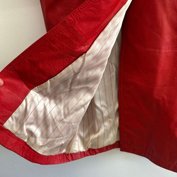 Wilsons Leather Women’s Bright Red Vintage 80s Double Breasted Leather Trench Co - Picture 10 of 16